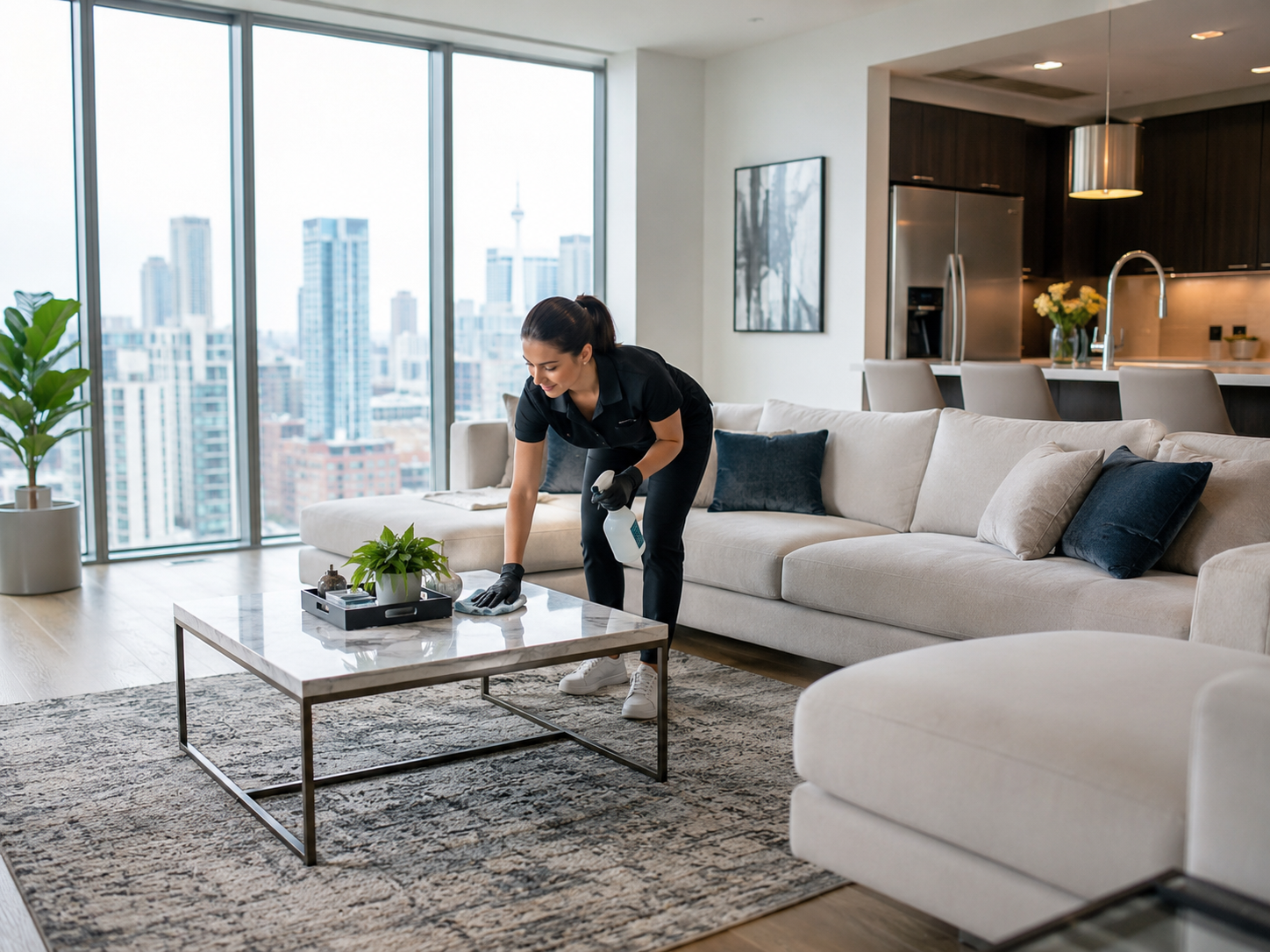 Professional housekeeper cleaning a luxury condo living room with city view