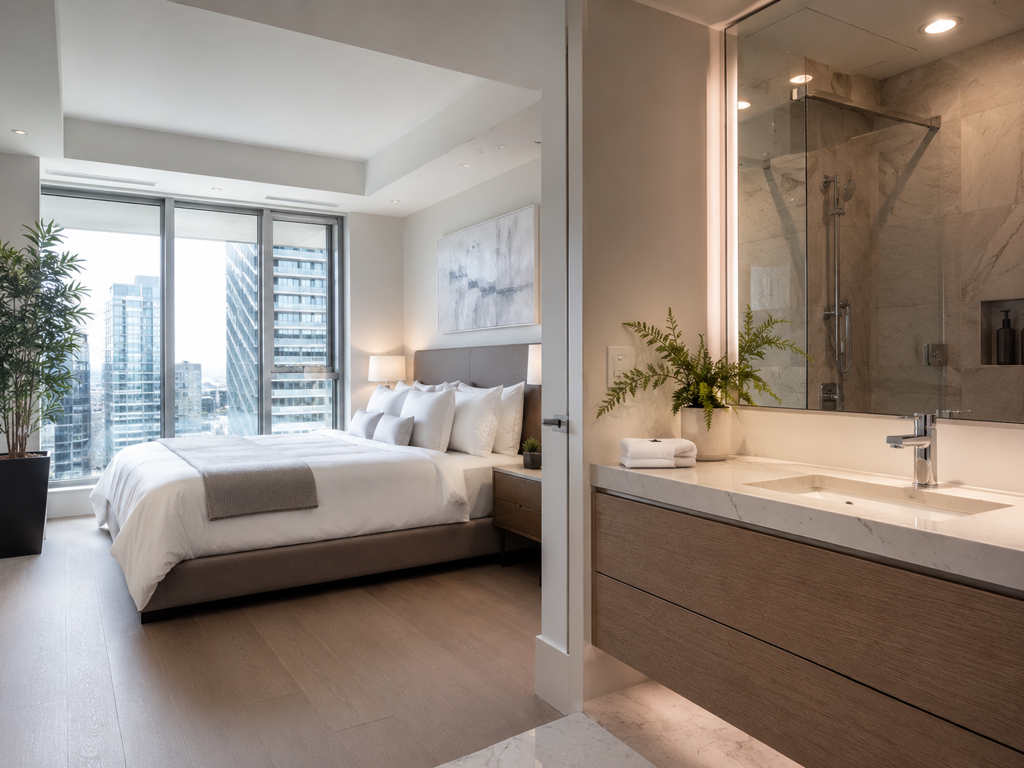 Hotel-style condo bedroom and bathroom ready for short-term rental guest