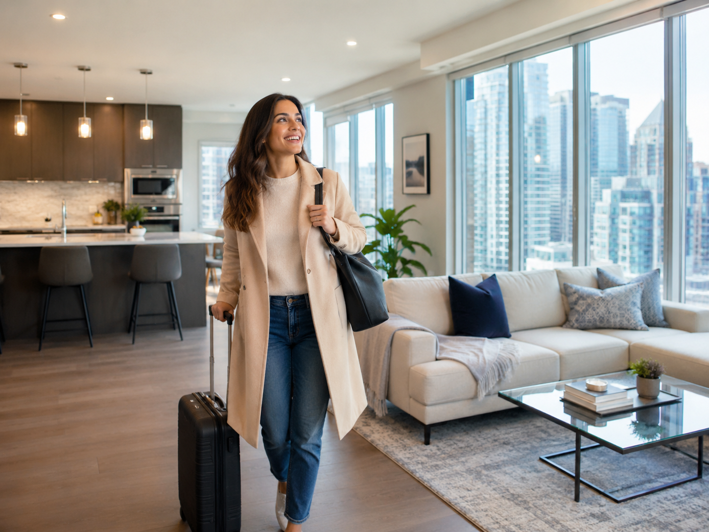 New arrival entering a clean furnished condo with suitcase